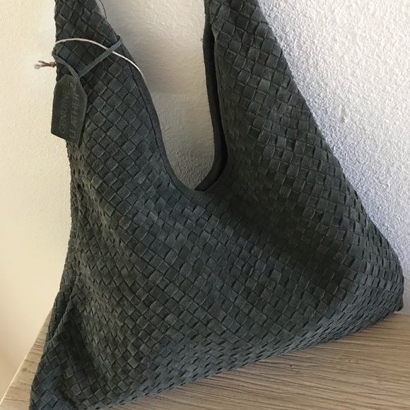 NWT Olive Green Woven Suede Leather Slouchy Hobo Shoulder Bag - Picture 4 of 10
